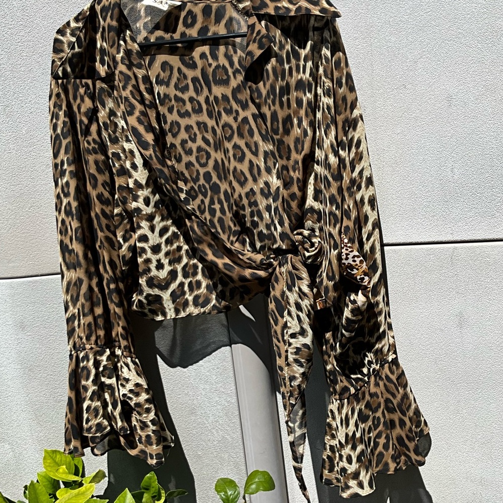 Vintage Neutral Leopard Print Long Sleeve Blouse WOmens Sz S Made in USA - Picture 3 of 16